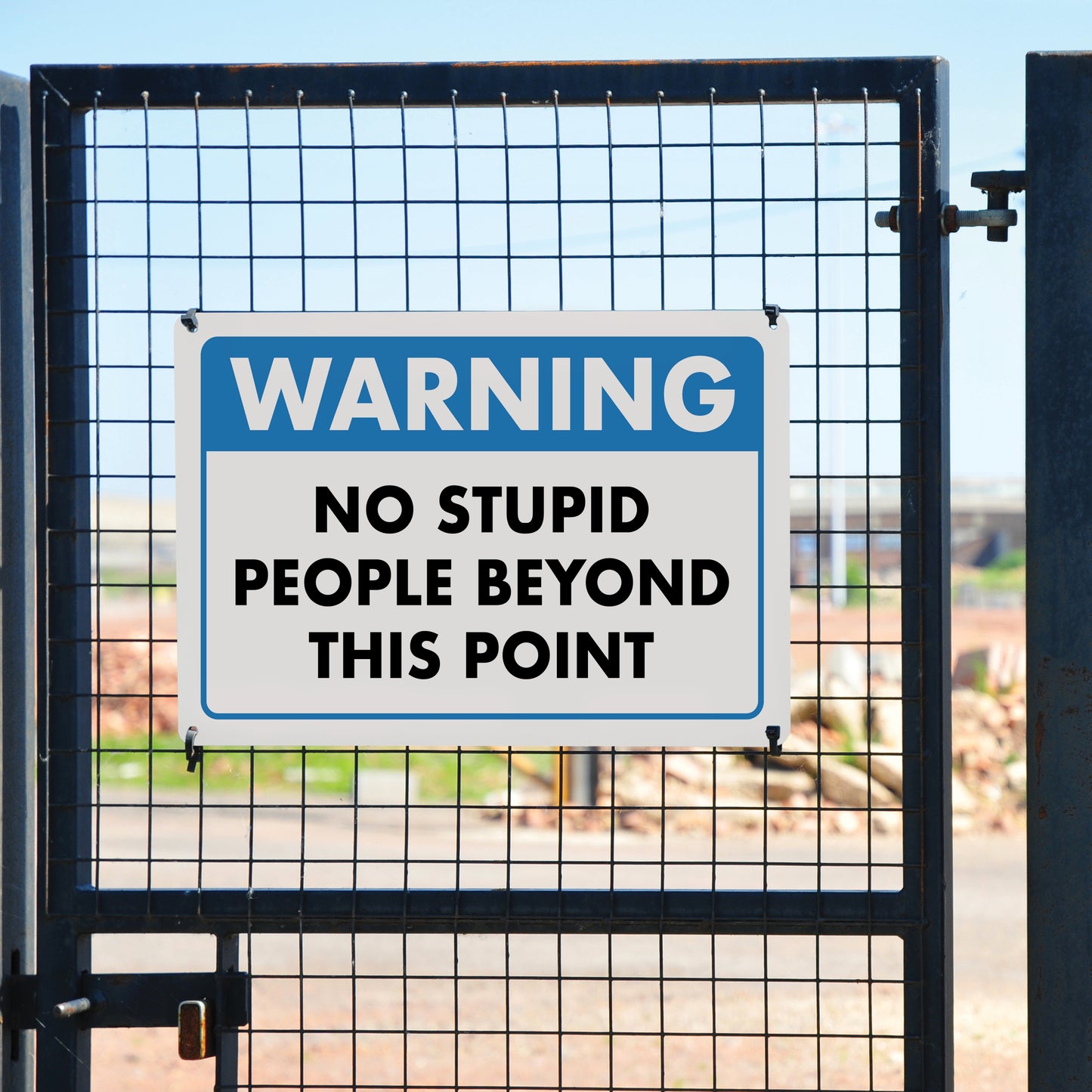 Warning - No Stupid People Beyond This Point - 8" x 12" Funny Plastic (PVC) Sign (With Pre-Drilled Holes for Easy Mounting)